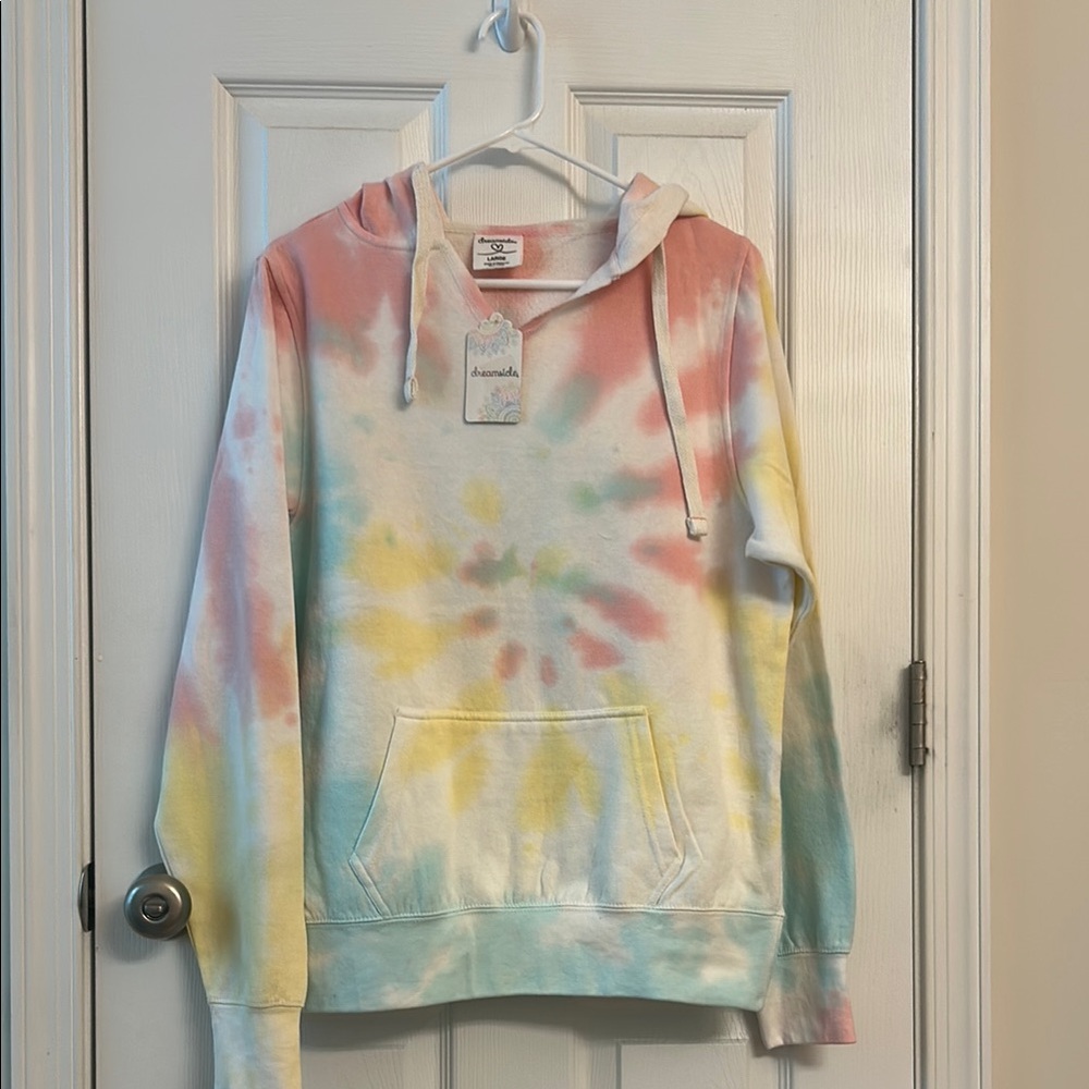 dreamsicle Pink Yellow Long Sleeve Tie-Dye Hoodie Cotton-blend Size Large